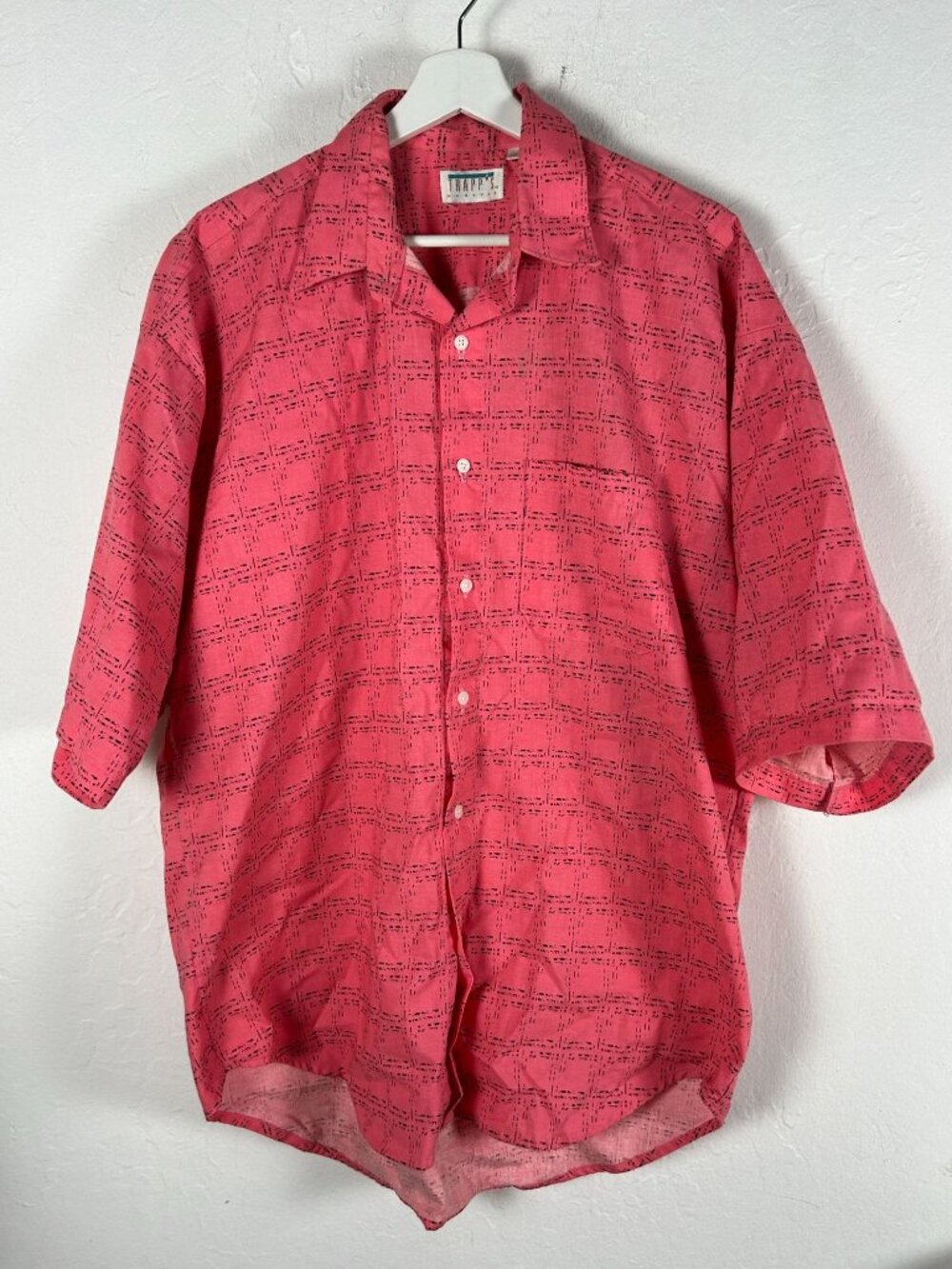 Vintage Trapp's Mervyn's Mens Pink Abstract Grid Button Up Cotton Shirt Large
